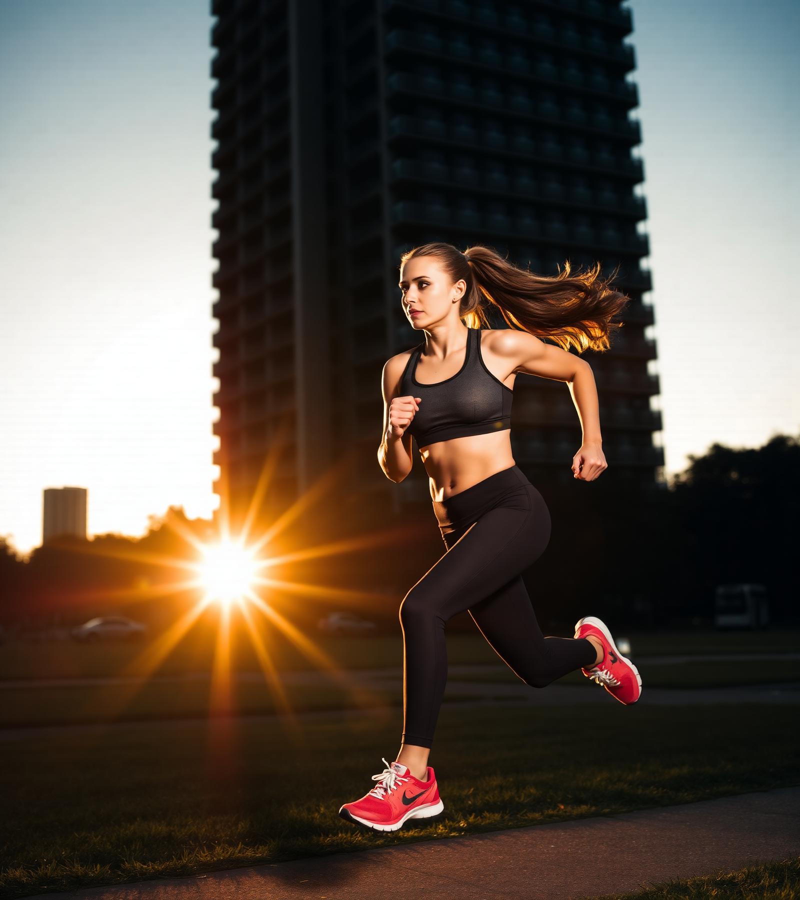 Atleta correndo ao pôr do sol